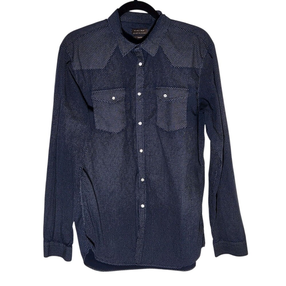 Zara Men's Western Navy Slim Fit Pearl Snap Button Down Shirt XL